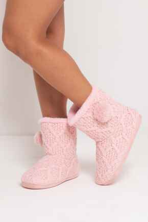 Cable Knit Faux Fur Lined Bootie Slipper - Blush
