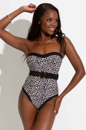 Strapless Belted High Leg Tummy Control Swimsuit - Leopard