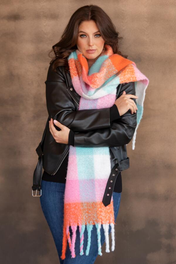 Brushed Check Tassel Scarf - Bright Multi