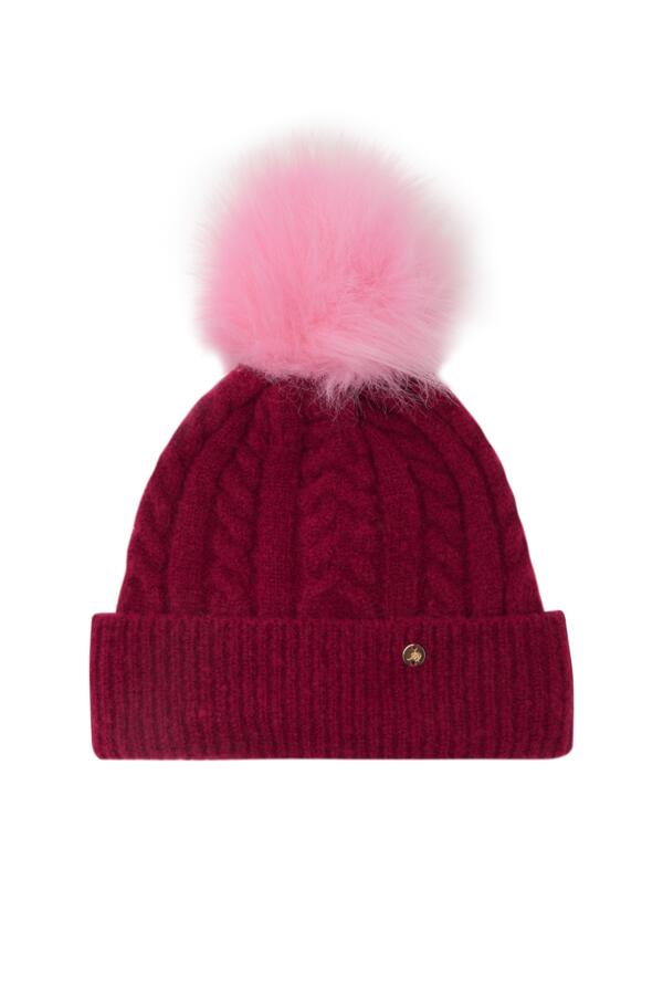 Cable Knit Contrast Pom Beanie Hat