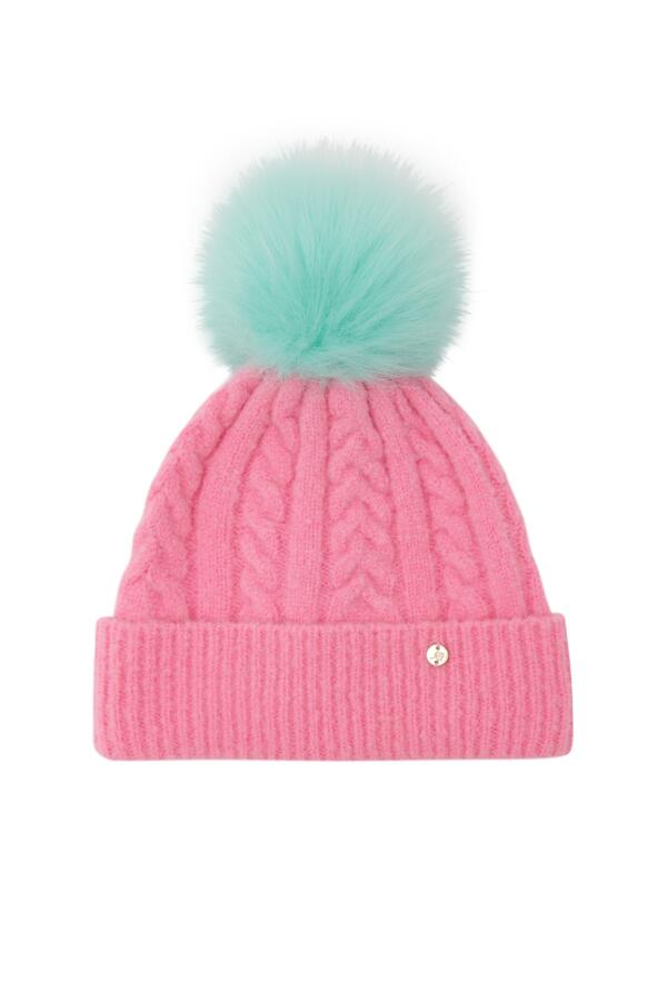 Cable Knit Contrast Pom Beanie Hat