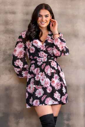 Natalya Chiffon Puff Sleeve Dress - Black Floral