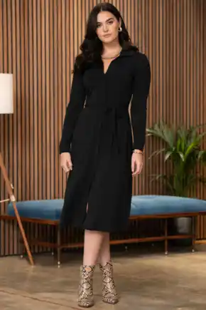Eva Rib Knit V Neck Collar Mini Dress with LENZING™ ECOVERO™ Viscose, Black