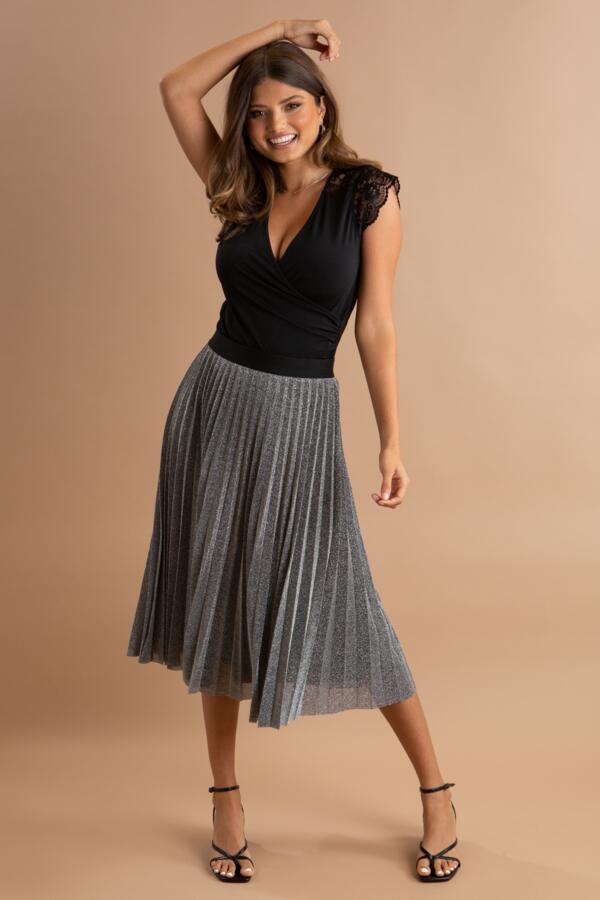 Nina Lame Pleated Midi Skirt