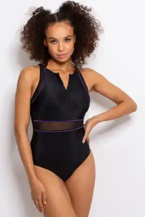 Energy Chlorine Resistant High Neck Zip Front Swimsuit - Black/Purple