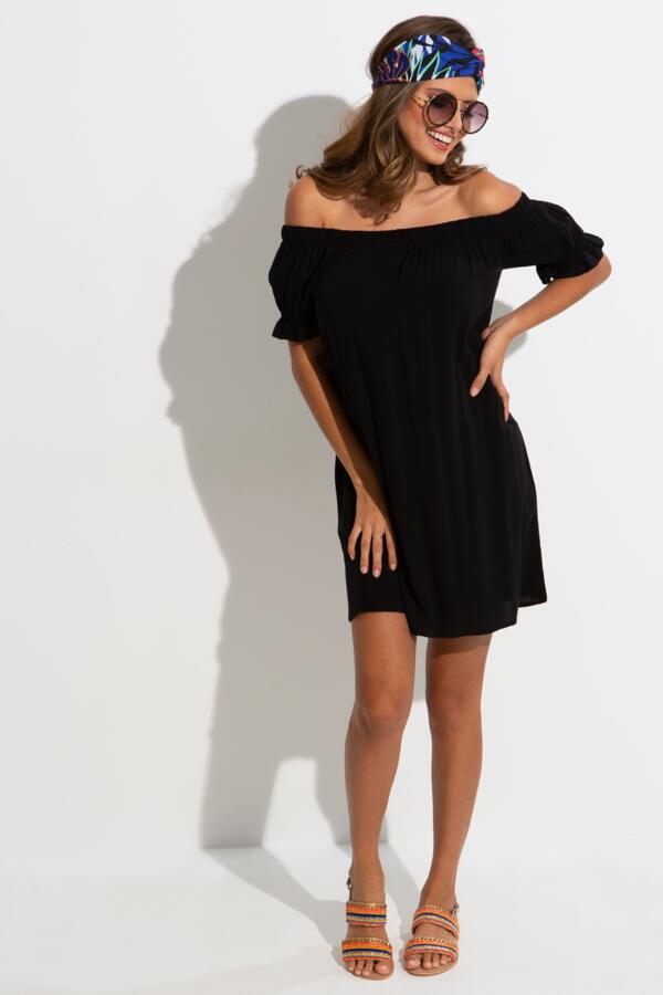 Woven Puff Sleeve Removable Belted Bardot Dress