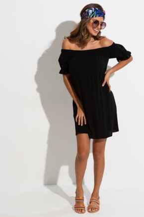 Woven Puff Sleeve Removable Belted Bardot Dress - Black