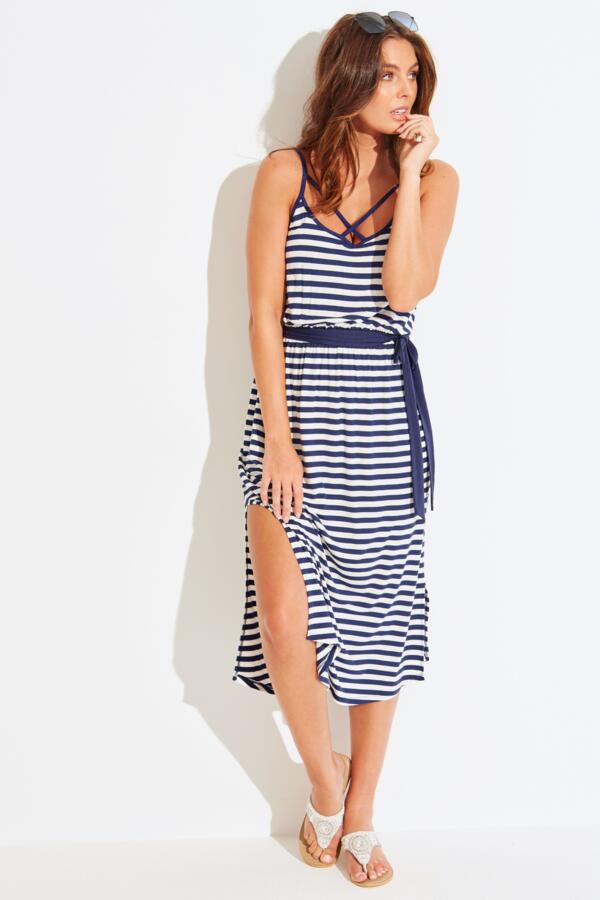 Jersey Strap Detail Tie Waist Midi Beach Dress