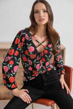 Bianca Cut Out Detail Slinky Stretch Top - Black Floral