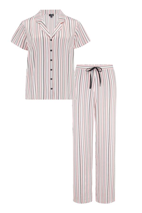 Satin Stripe Print Revere Collar Trouser PJ Set