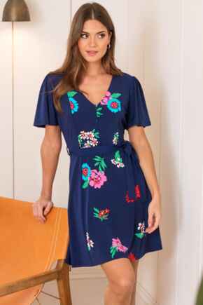 Priya Slinky Jersey Panel Short Sleeve Dress - Navy Floral