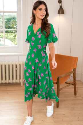 Megan Fuller Bust Slinky Jersey Frill Detail Midi Wrap Dress - Green Floral