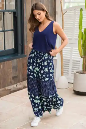 Tahlia Tiered Woven Maxi Skirt - Navy Floral