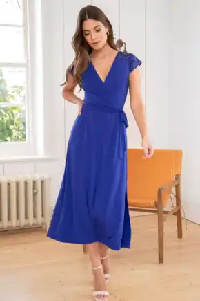 Julie Fuller Bust Slinky Jersey Lace Trim Midi Dress - Cobalt