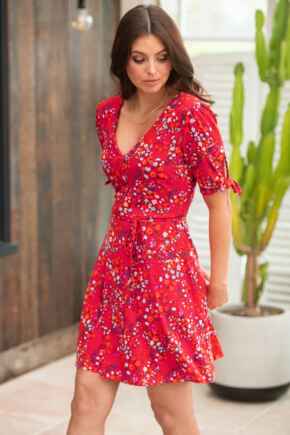Bella Slinky Stretch Tie Sleeve Tea Dress - Red Floral