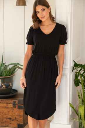 Jenny Fuller Bust Puff Sleeve Jersey Midi Dress - Black
