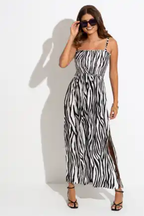 Strapless Shirred Split Maxi Beach Dress - Zebra