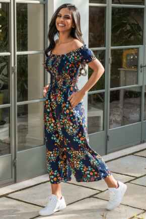 Sally Shirred Bodice Woven Wide Leg Jumpsuit - Navy Floral