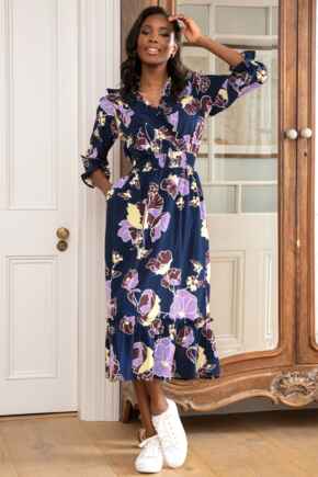 Maggie Woven Frill Midi Dress - Navy Floral