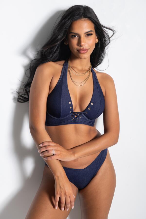 Adelaide Denim Underwired Lace Up Longline Bikini Top