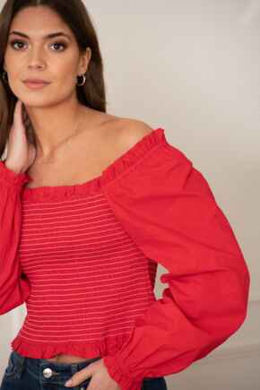 Rachel Cotton Shirred Bodice Long Sleeve Top - Red