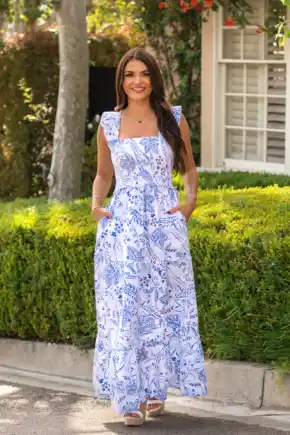 Lucy Cotton Poplin Tiered Maxi Dress - White/Blue