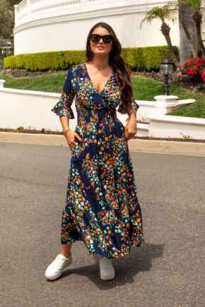 Carmen Woven Elasticated Neckline Short Sleeve Midaxi Dress - Navy Floral