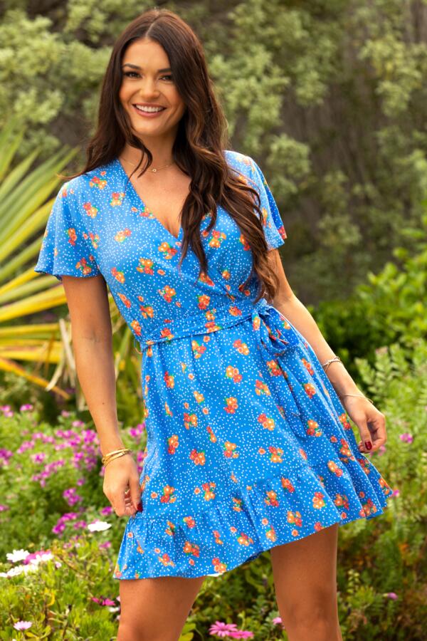 Woven Tiered Wrap Dress - Blue Floral