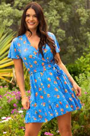 Woven EcoVero™ Tiered Wrap Beach Dress - Blue Floral