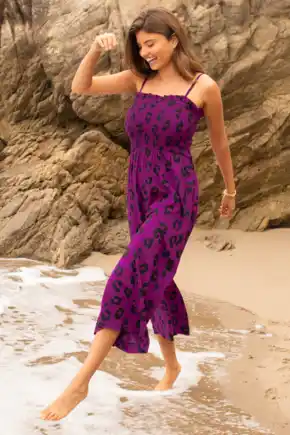 Strapless Shirred Crop Wide Leg Beach Jumpsuit - Violet Leopard
