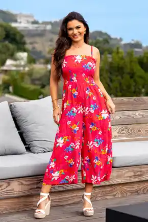 Strapless Shirred Crop Wide Leg Beach Jumpsuit - Red Tropical
