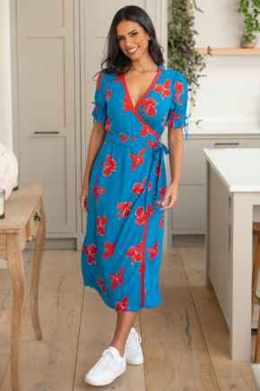 Laney Lace Trim Woven Wrap Midi Dress - Blue/Red
