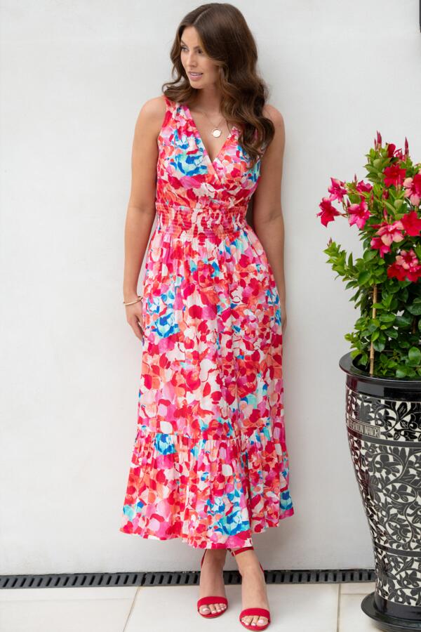 Carmen Fuller Bust Woven Elasticated Neckline Sleeveless Midaxi Dress - Pink/Blue