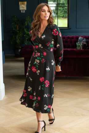 Lucinda Jersey Lace Detail Long Sleeve Midi Dress - Black Multi
