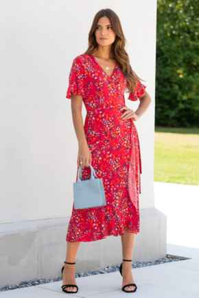 Megan Fuller Bust Slinky Jersey Frill Detail Midi Wrap Dress - Red Floral