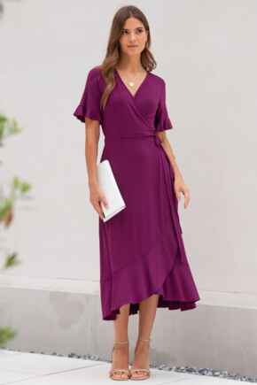 Megan Slinky Jersey Frill Detail Midi Wrap Dress - Grape