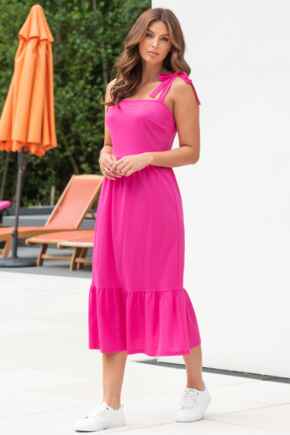 Laura Pique Tie Strap Tiered Midi Dress - Hot Pink