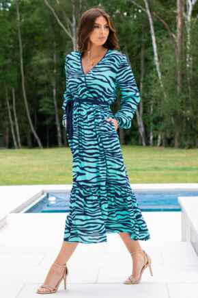 Amara Fuller Bust Wrap Front Tiered Woven Midi Dress - Navy/Aqua