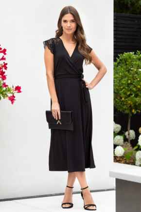 Julie Slinky Jersey Lace Trim Midi Dress - Black