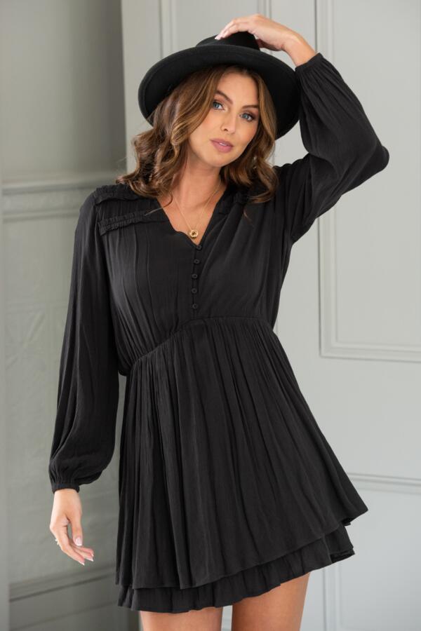 Kate Woven Viscose Button Detail Long Sleeve Dress