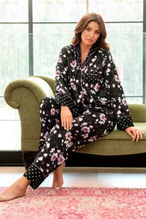 Luxe Satin Print Mix Revere Collar Pyjama Set - Black/Lilac
