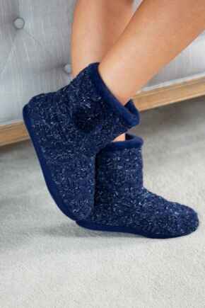 Cable Knit Faux Fur Lined Bootie Slipper - Navy