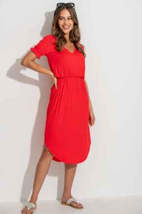 Jenny Puff Sleeve Stretch Midi Dress - Red