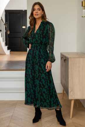 Willow Chiffon Long Sleeve Midaxi Shirt Dress - Forest/Black