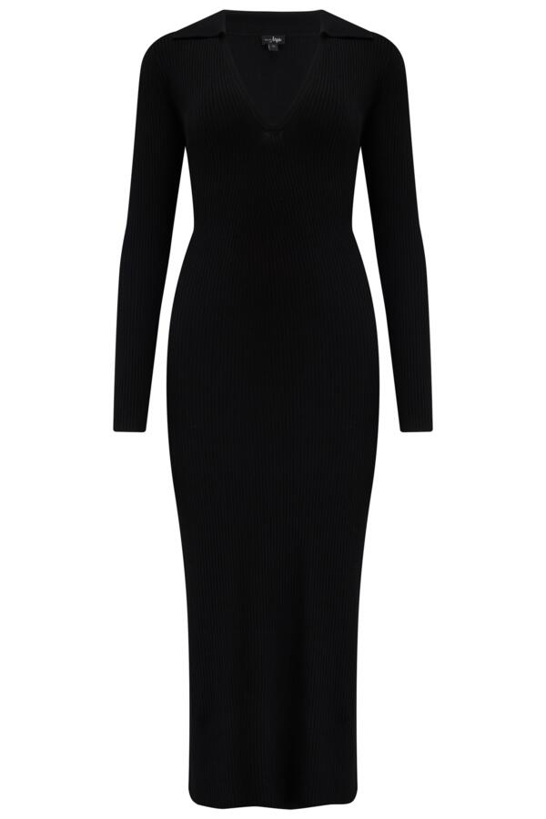 Eva Rib Knit V-Neck Collar Midi Dress