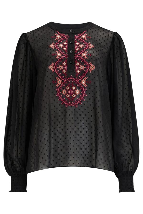 Natasha Fuller Bust Embroidered Boho Chiffon Long Sleeve Top