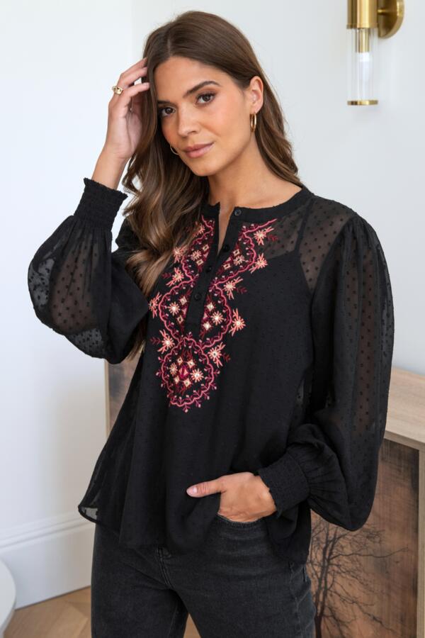 Natasha Fuller Bust Embroidered Boho Chiffon Long Sleeve Top - Black