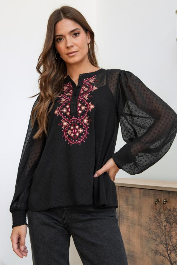 Natasha Fuller Bust Embroidered Boho Chiffon Long Sleeve Top