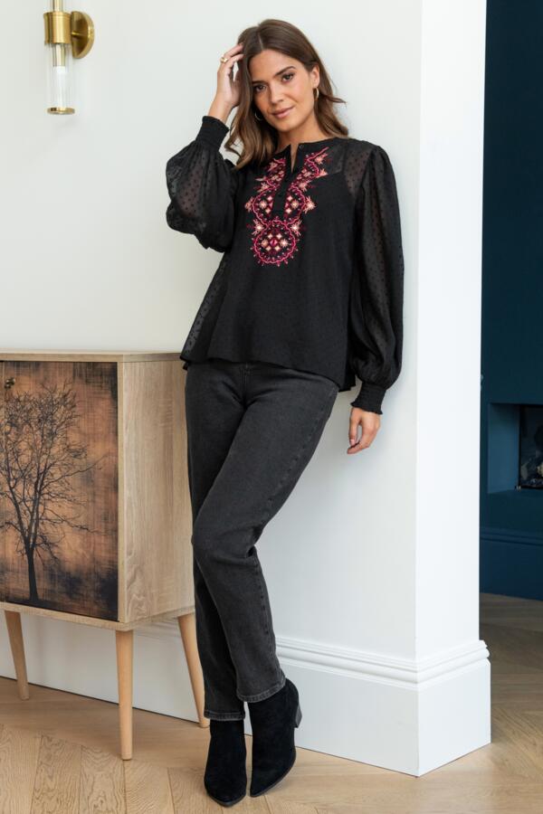 Natasha Fuller Bust Embroidered Boho Chiffon Long Sleeve Top