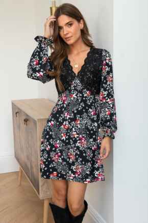 Anya Lace Detail Slinky Jersey Long Sleeve Tea Dress - Black Multi